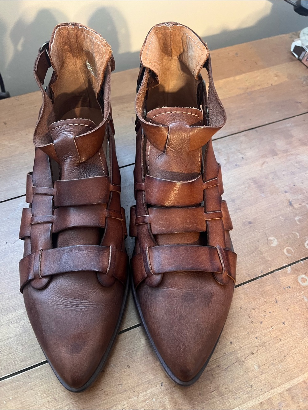 Free People Brown Leather Lace-Up Pointed Ankle Boots